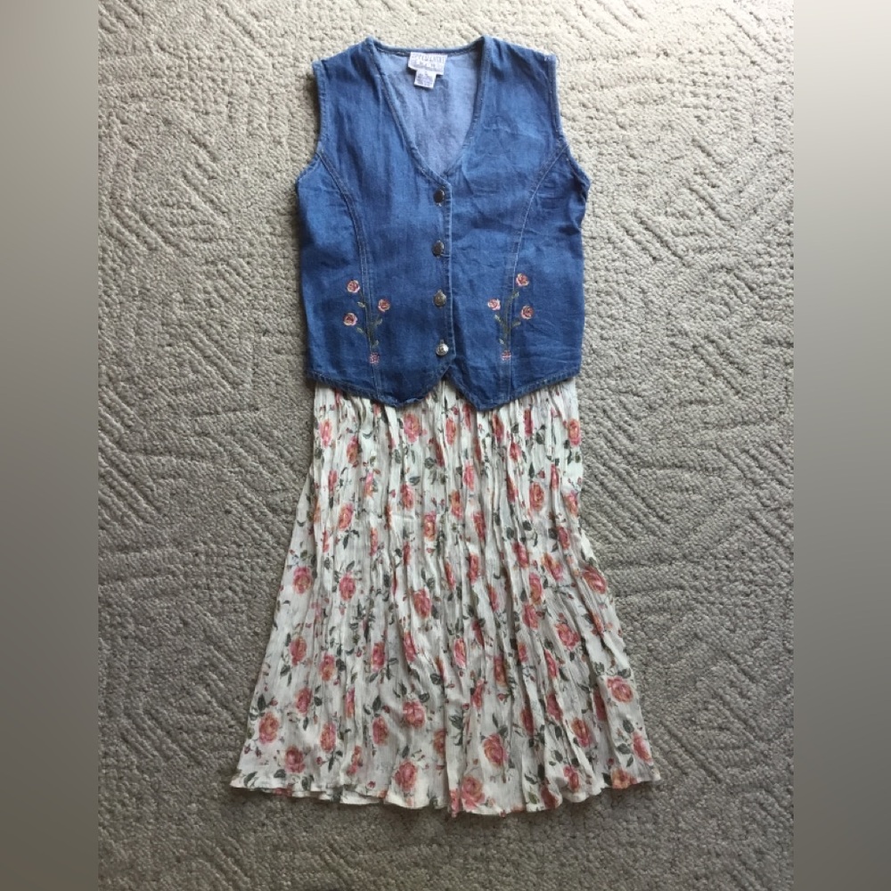 Girls Blue Denim Vest with Floral Pleated Skirt
